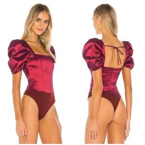 MAJORELLE Cruz Maroon Puff Sleeve‎ Square Neck Bodysuit Size Small Elegant Fit